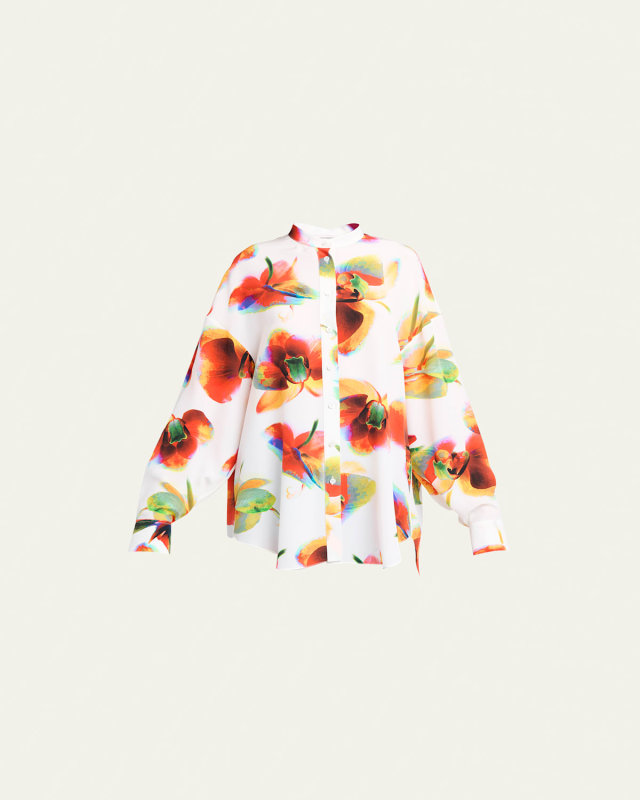 Floral-Print Silk Button-Front Blouse